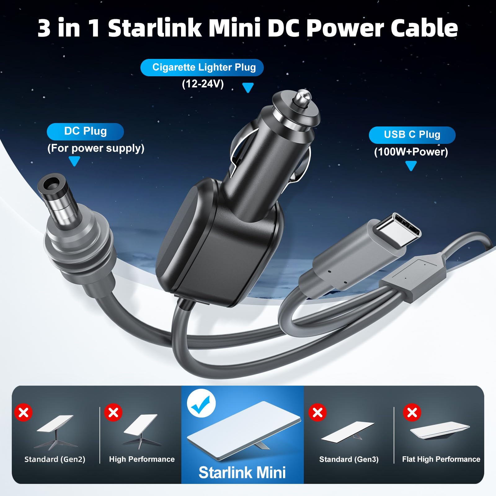 Starlink 소형 케이블 10FT/3M 또는 16FT/5M, 18AWG Starlink 소형 100W 고속 USB C/Car 충전기/DC에 DC 전원 케이블 Starlink 소형 차 담배 라이터 보충 방수 확장 케이블 부속품을 위한 1에 있는 3개 - xlinkcore
