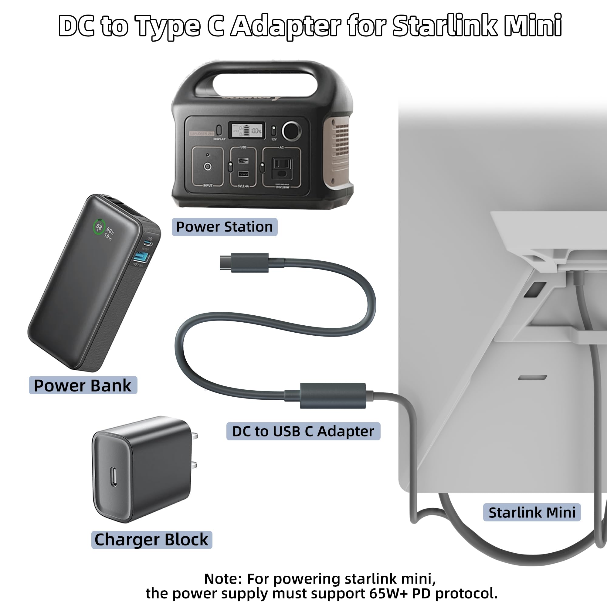 Đối Với Bộ Chuyển đổi Năng Lượng Starlink Mini Loại C đến DC Kh&ocirc;ng Thấm Nước Tương Th&iacute;ch Với C&aacute;p điện Starlink Mini USB C Gốc 65W + PD Nguồn DC Power Adapter - xlinkcore
