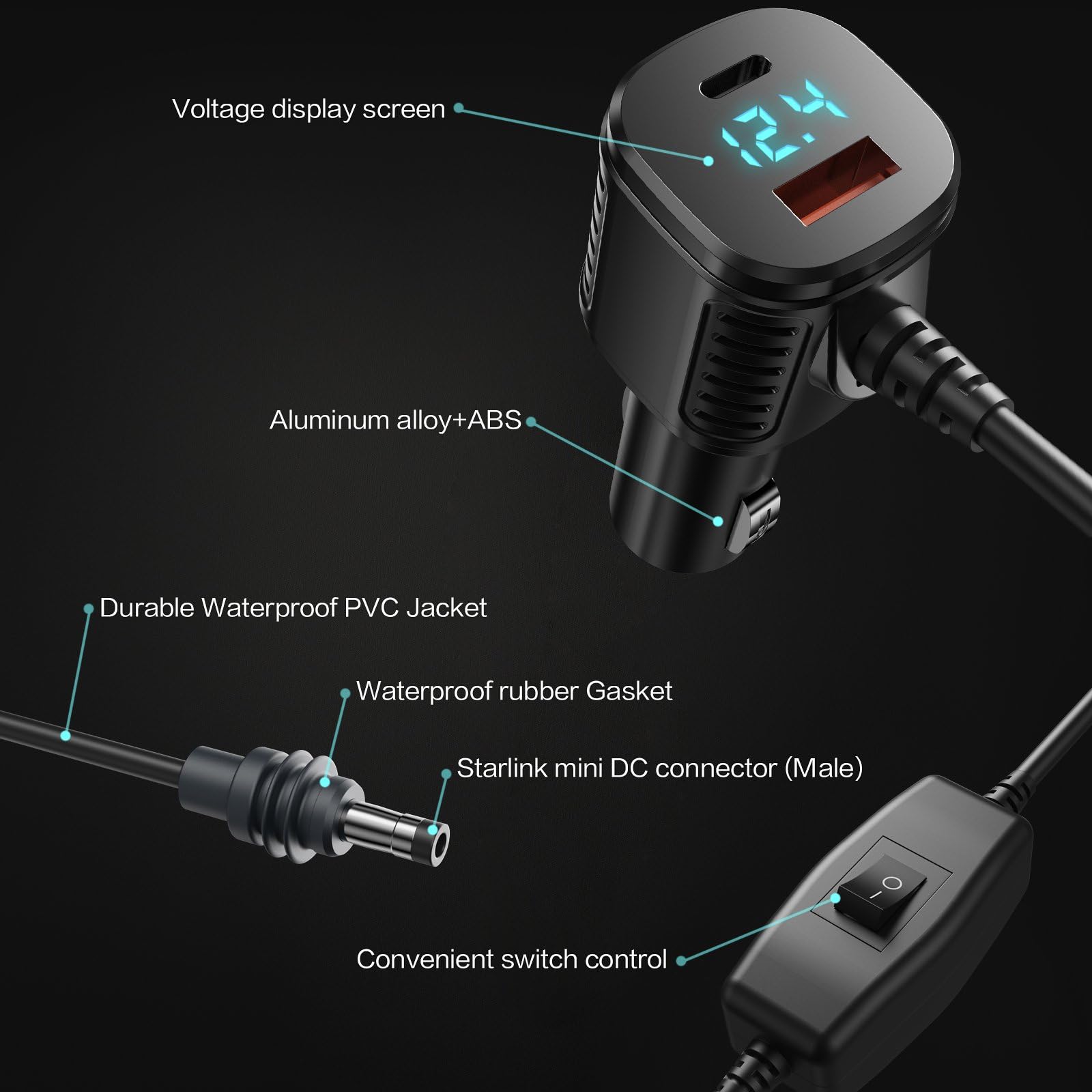 Para Starlink Mini Cable, 3 Em 1 Starlink Mini Carregador De Carro Cabo De Alimenta&ccedil;&atilde;o DC + Adaptador De Isqueiro De Cigarro 12V-48V Com Display Digital USB C PD & USB A Ports Para Caminh&otilde;es Carros 10FT - xlinkcore