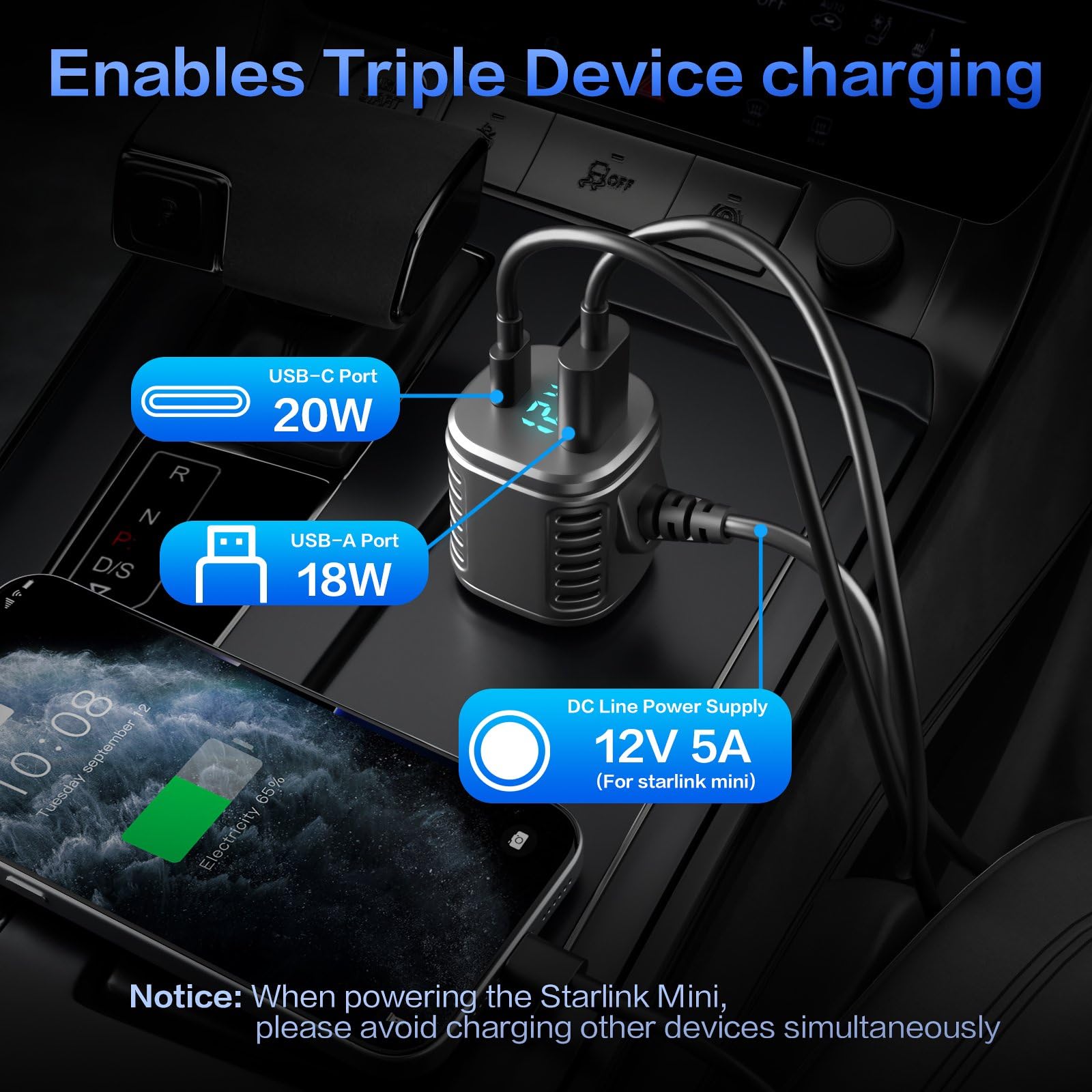 Para Starlink Mini Cable, 3 Em 1 Starlink Mini Carregador De Carro Cabo De Alimenta&ccedil;&atilde;o DC + Adaptador De Isqueiro De Cigarro 12V-48V Com Display Digital USB C PD & USB A Ports Para Caminh&otilde;es Carros 10FT - xlinkcore