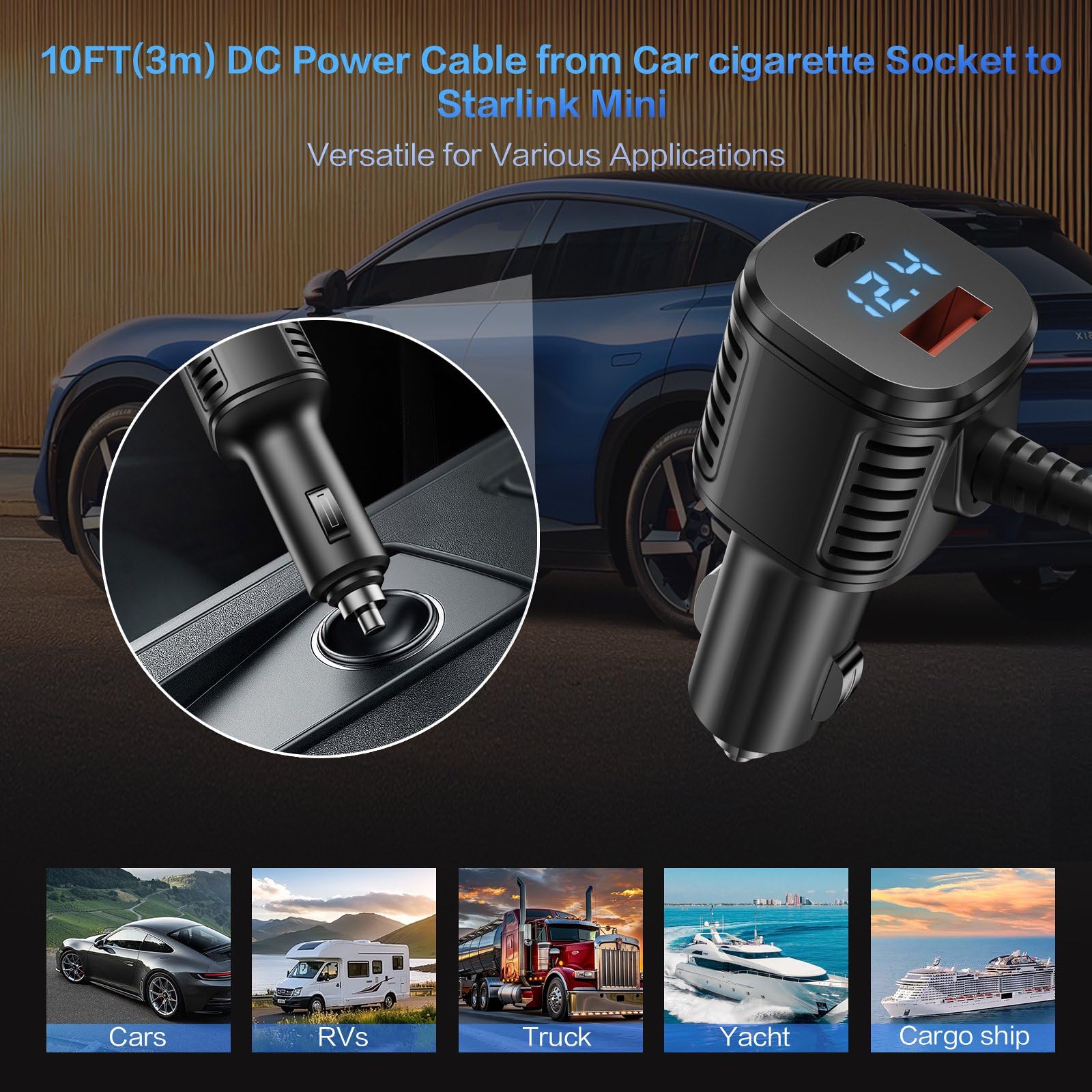 Para Starlink Mini Cable, 3 Em 1 Starlink Mini Carregador De Carro Cabo De Alimenta&ccedil;&atilde;o DC + Adaptador De Isqueiro De Cigarro 12V-48V Com Display Digital USB C PD & USB A Ports Para Caminh&otilde;es Carros 10FT - xlinkcore