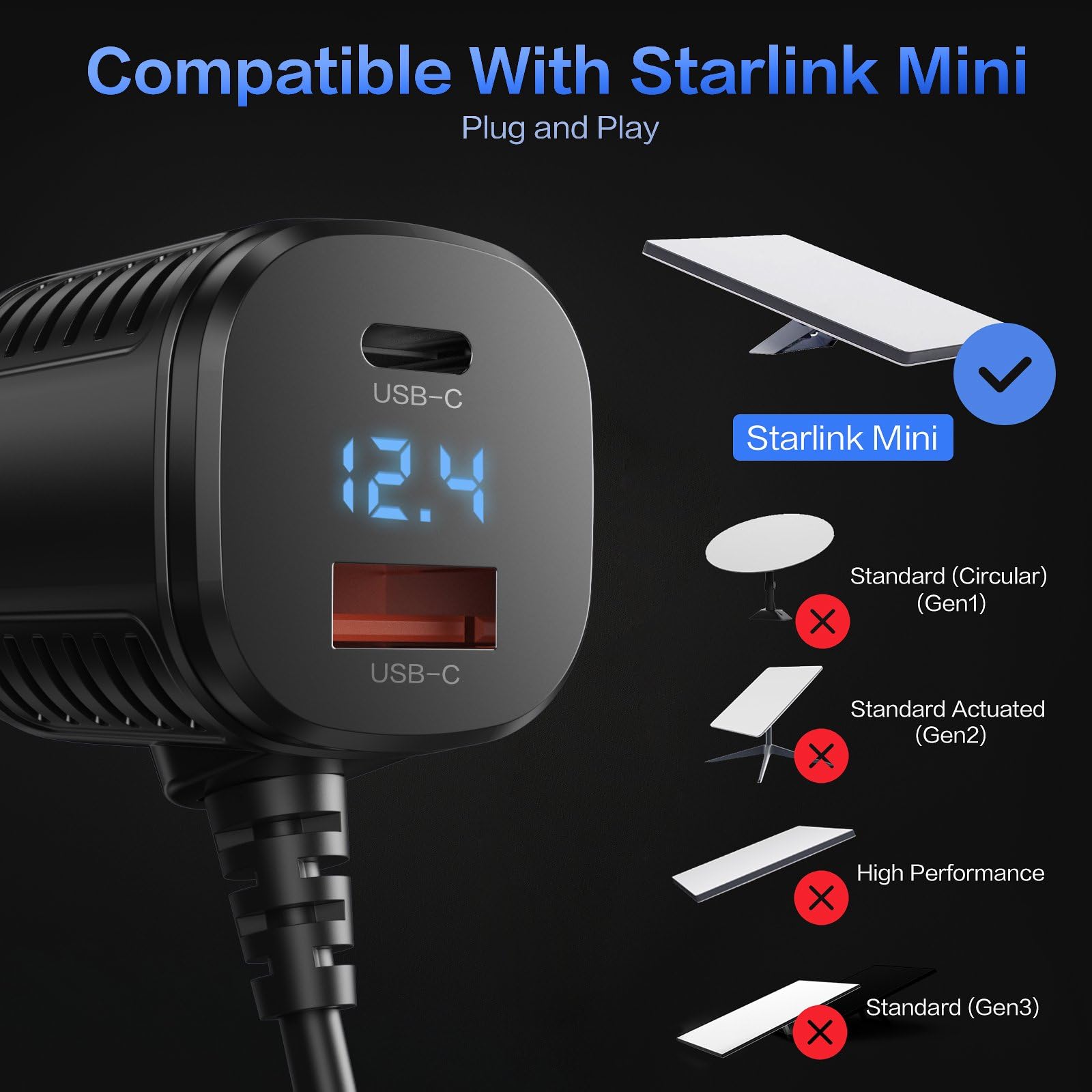 Para Starlink Mini Cable, 3 Em 1 Starlink Mini Carregador De Carro Cabo De Alimenta&ccedil;&atilde;o DC + Adaptador De Isqueiro De Cigarro 12V-48V Com Display Digital USB C PD & USB A Ports Para Caminh&otilde;es Carros 10FT - xlinkcore